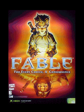 AnimactionTM motion sign by Saitech showing boy with sword looking at his reflection for the 2004 Fable video game for Xbox